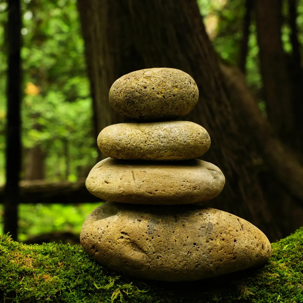 Smooth grey stones arranged on wooden surface, evoking natural serenity and balance in The Rest Nest environment.